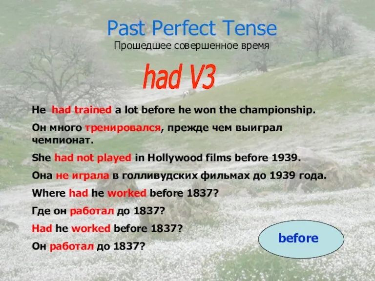 Past Perfect Tense Прошедшее совершенное время had V3 He had trained a