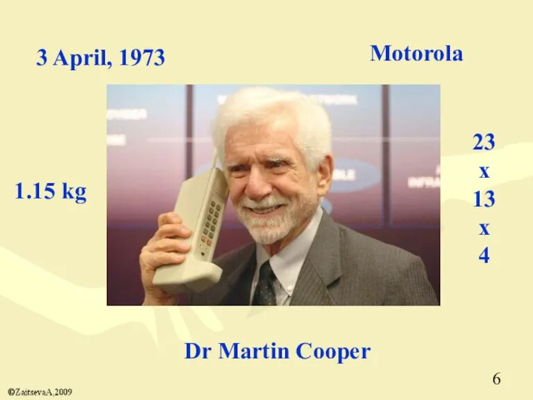 Dr Martin Cooper 3 April, 1973 Motorola 1.15 kg 23 x 13 x 4