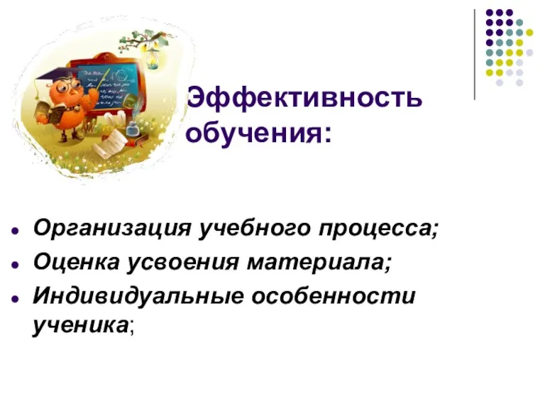 Эффективность обучения: Организация учебного процесса; Оценка усвоения материала; Индивидуальные особенности ученика;