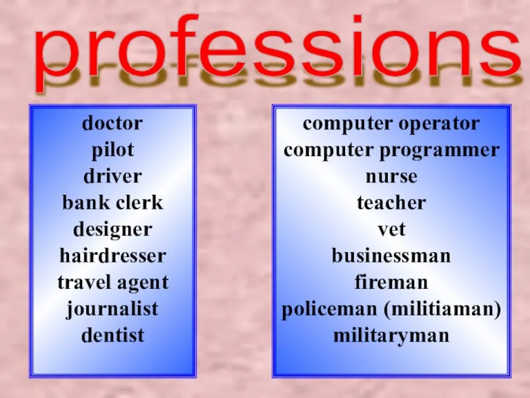 professions doctor pilot driver bank clerk designer hairdresser travel agent journalist dentist