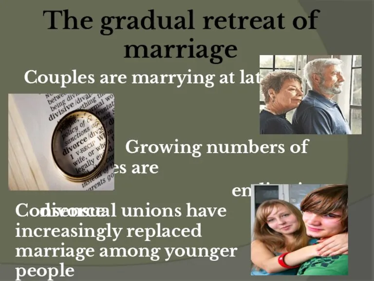 The gradual retreat of marriage Couples are marrying at later ages Growing