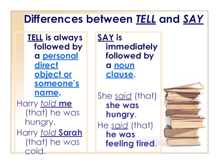 Differences between TELL and SAY TELL is always followed by a personal