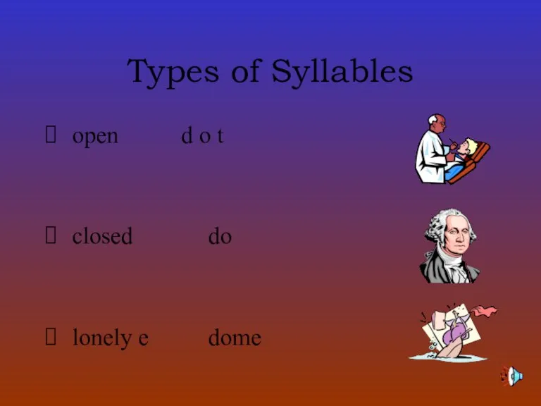 Types of Syllables open d o t closed do lonely e dome