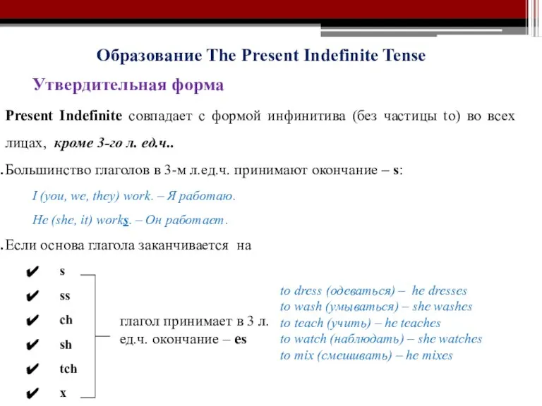 Образование The Present Indefinite Tense Утвердительная форма Present Indefinite совпадает с формой