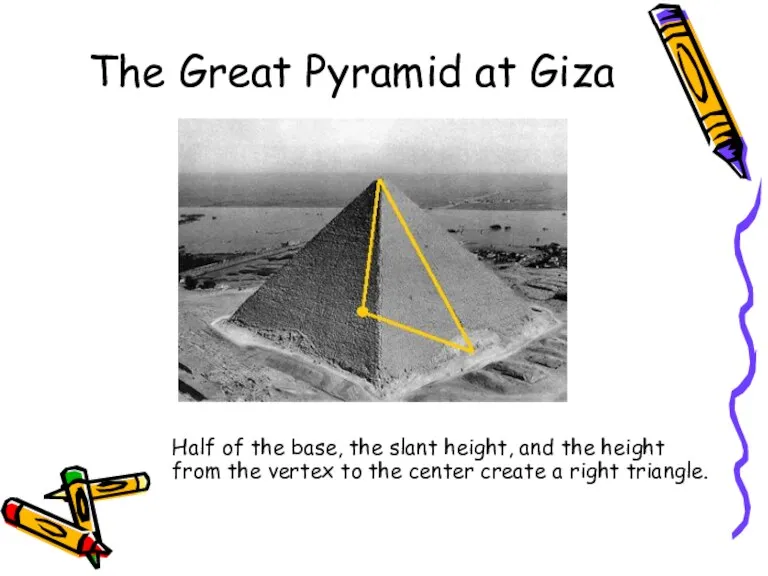 The Great Pyramid at Giza Half of the base, the slant height,