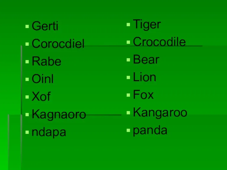 Gerti Corocdiel Rabe Oinl Xof Kagnaoro ndapa Tiger Crocodile Bear Lion Fox Kangaroo panda