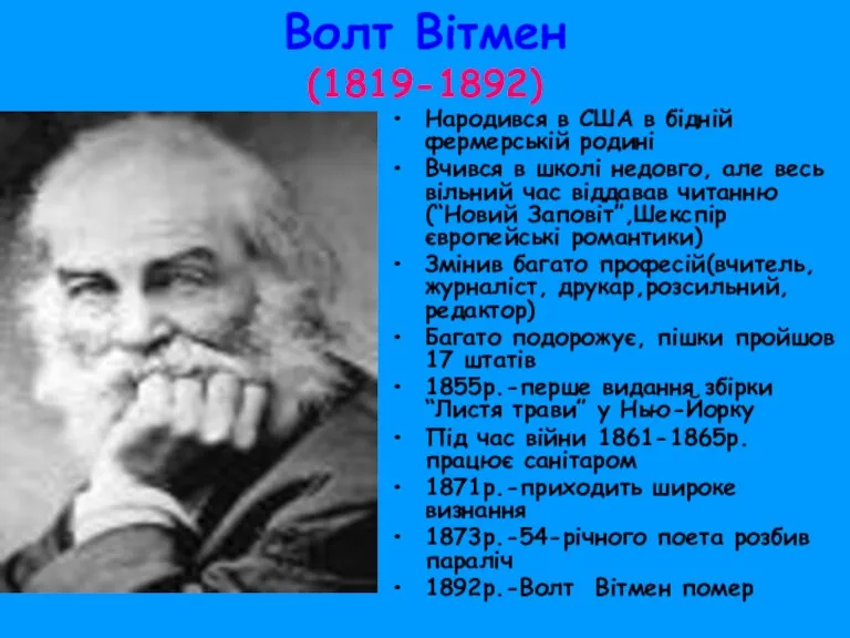 Волт Вітмен (1819-1892) Народився в США в бідній фермерській родині Вчився в