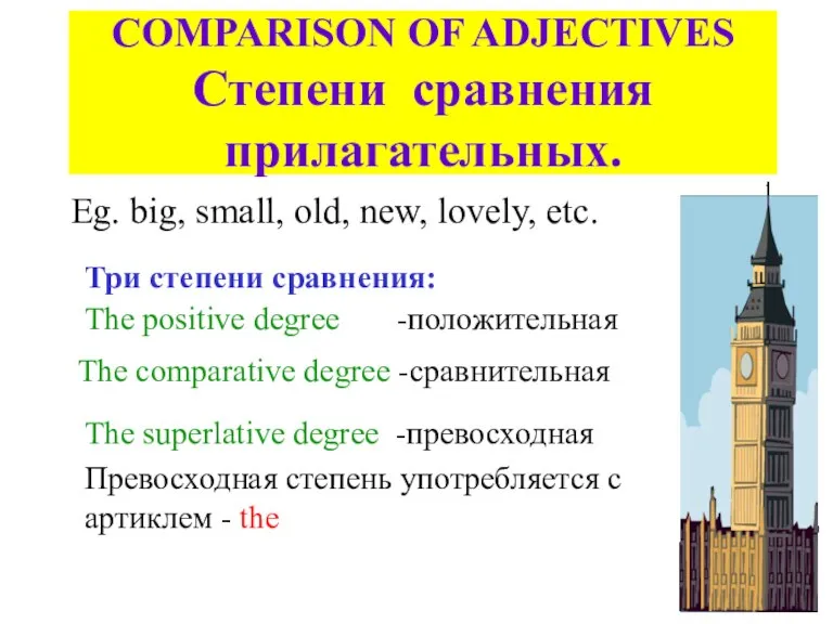 COMPARISON OF ADJECTIVES Степени сравнения прилагательных. Eg. big, small, old, new, lovely,