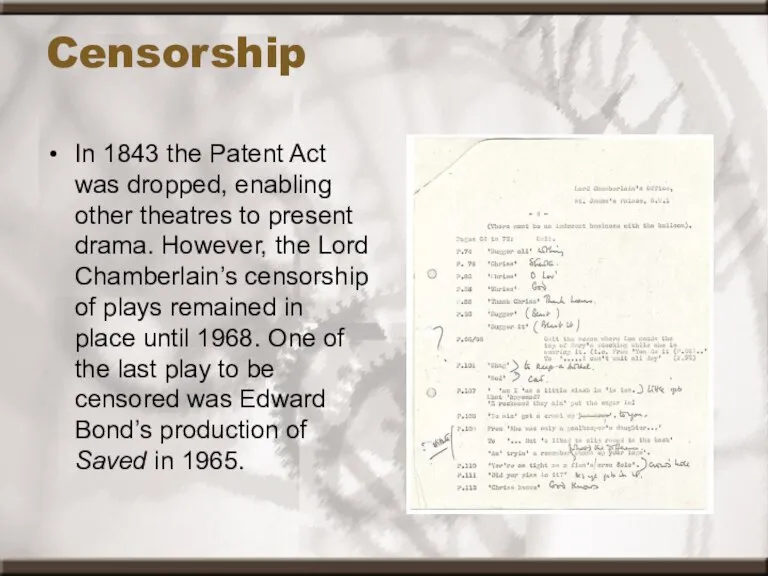 Censorship In 1843 the Patent Act was dropped, enabling other theatres to