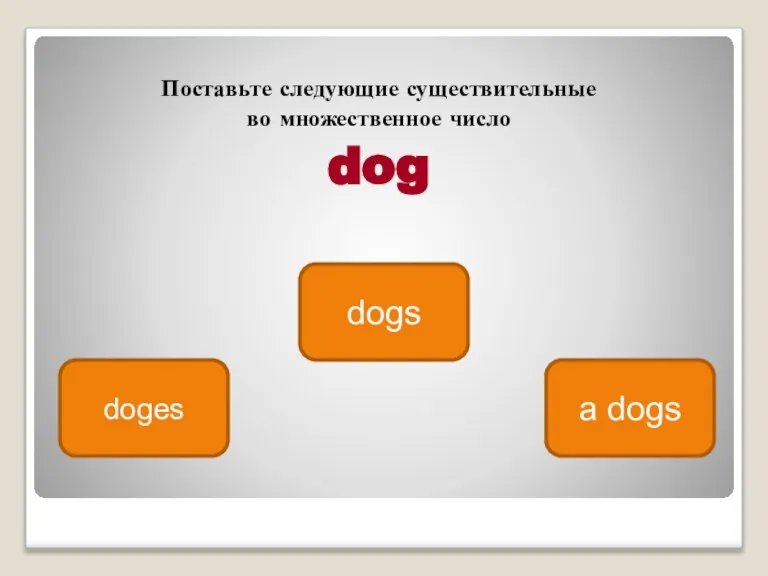 Поставьте следующие существительные во множественное число dog dogs doges a dogs