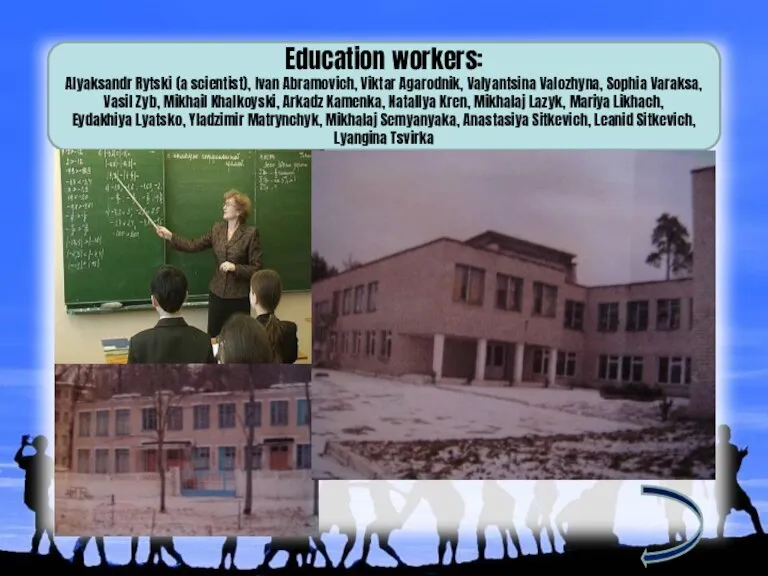 Education workers: Alyaksandr Rytski (a scientist), Ivan Abramovich, Viktar Agarodnik, Valyantsina Valozhyna,