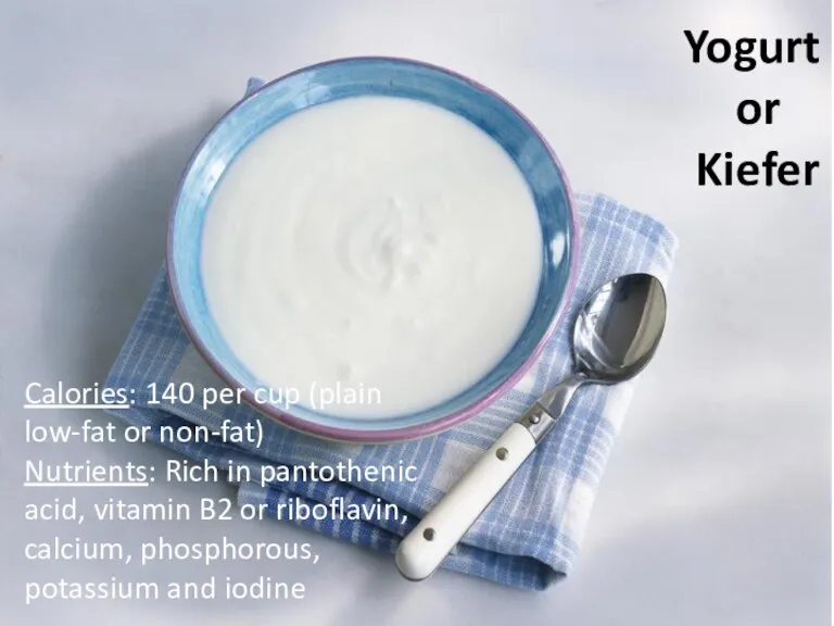 Calories: 140 per cup (plain low-fat or non-fat) Nutrients: Rich in pantothenic