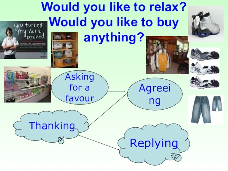 Would you like to relax? Would you like to buy anything? Asking