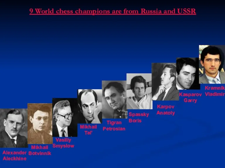 Alexander Aleckhine Mikhail Botvinnik Tigran Petrosian Karpov Anatoly Kasparov Garry 9 World