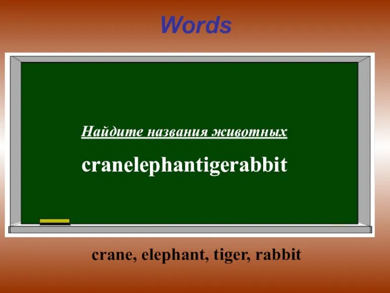 Words Найдите названия животных cranelephantigerabbit crane, elephant, tiger, rabbit