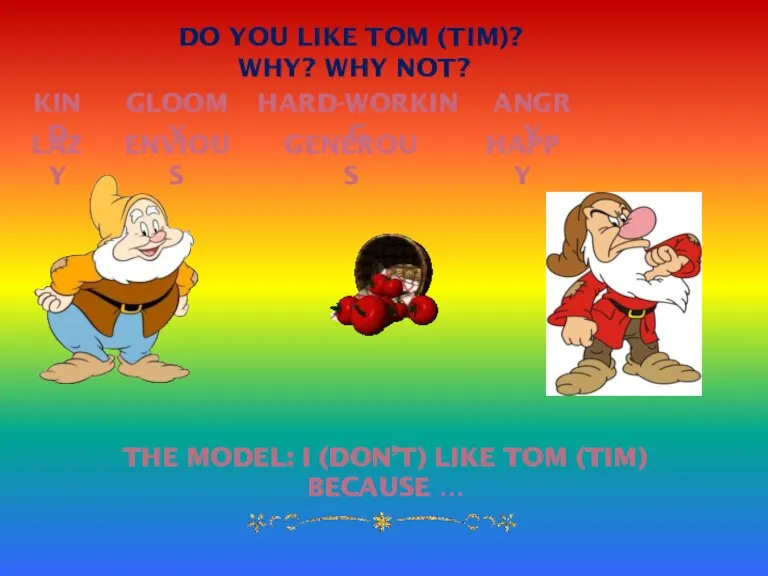 DO YOU LIKE TOM (TIM)? WHY? Why not? THE MODEL: I (don’t)