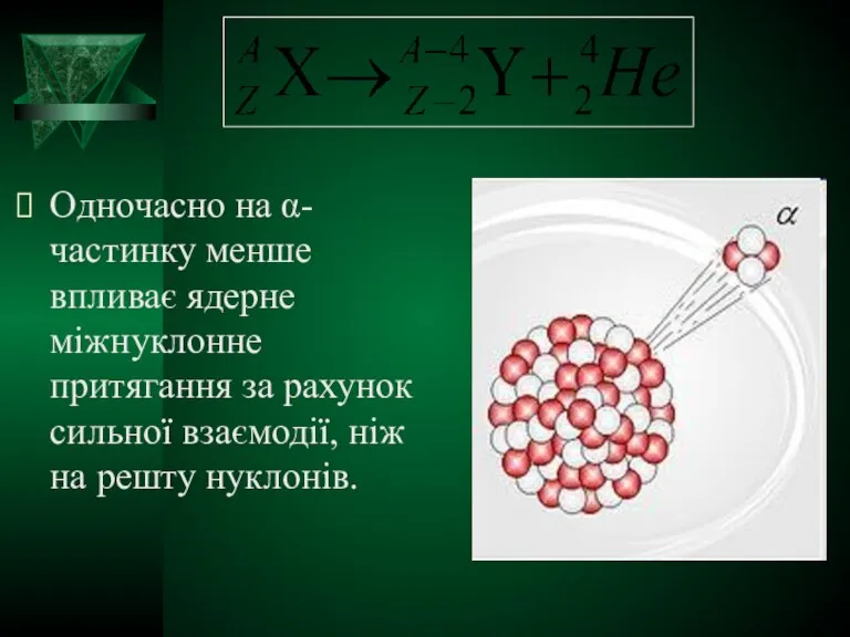 Одночасно на α-частинку менше впливає ядерне міжнуклонне притягання за рахунок сильної взаємодії, ніж на решту нуклонів.