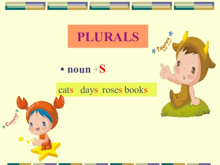 PLURALS noun +S cats days roses books