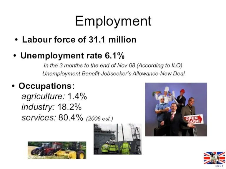 Employment Labour force of 31.1 million Unemployment rate 6.1% In the 3