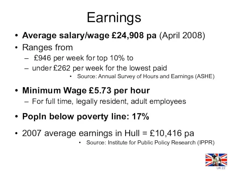 Earnings Average salary/wage £24,908 pa (April 2008) Ranges from £946 per week