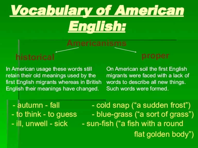 Vocabulary of American English: - autumn - fall - cold snap (“a