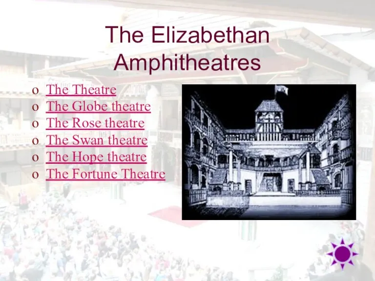 The Elizabethan Amphitheatres The Theatre The Globe theatre The Rose theatre The