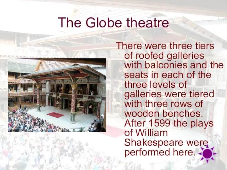 The Globe theatre There were three tiers of roofed galleries with balconies