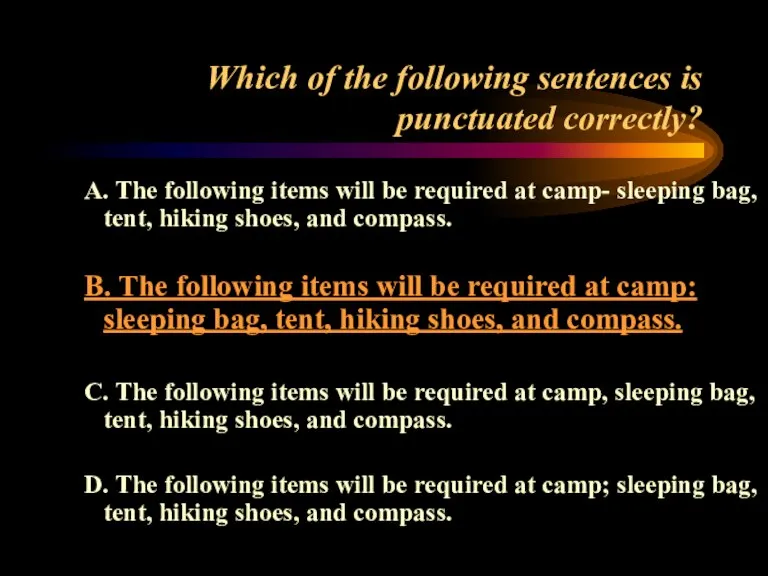 Which of the following sentences is punctuated correctly? A. The following items