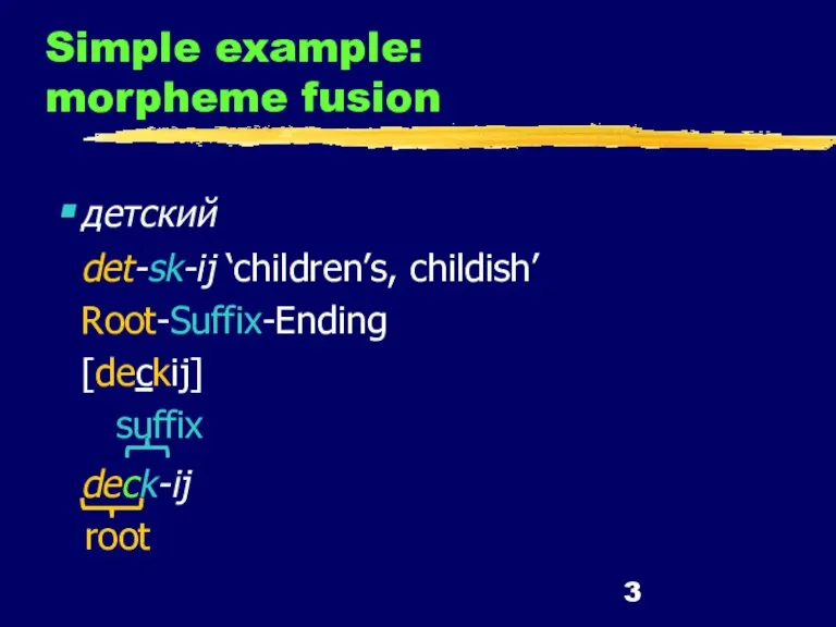Simple example: morpheme fusion детский det-sk-ij ‘children’s, childish’ Root-Suffix-Ending [deckij] suffix deck-ij root