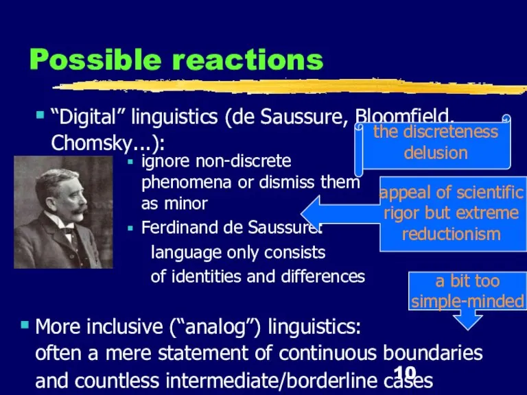 Possible reactions “Digital” linguistics (de Saussure, Bloomfield, Chomsky...): More inclusive (“analog”) linguistics: