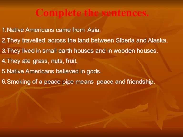 Complete the sentences. 1.Native Americans came from 2.They travelled 3.They lived 4.They