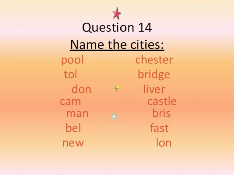 Question 14 Name the cities: pool chester tol bridge don liver cam