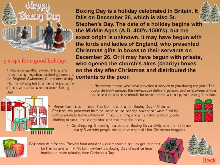 Boxing Day is a holiday celebrated in Britain. It falls on December