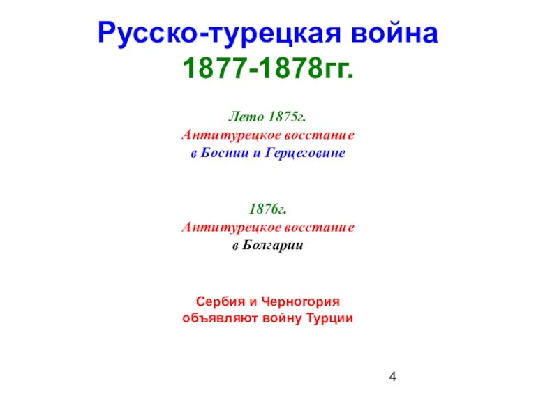 Русско-турецкая война 1877-1878гг. Лето 1875г. Антитурецкое восстание в Боснии и Герцеговине 1876г.