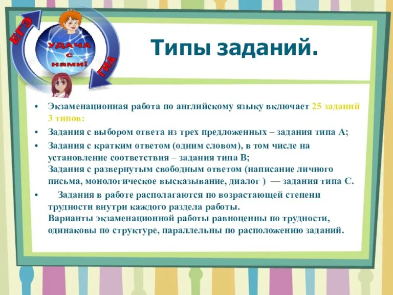 Типы заданий. Экзаменационная работа по английскому языку включает 25 заданий 3 типов: