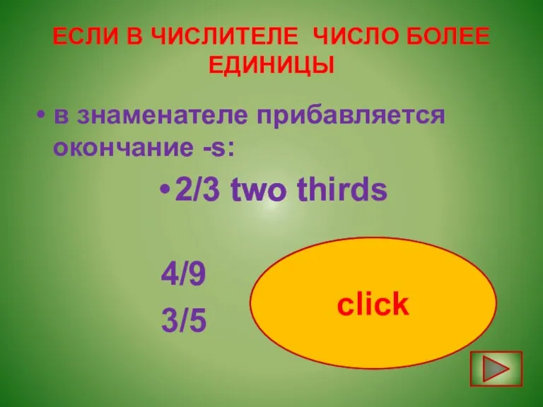 ЕСЛИ В ЧИСЛИТЕЛЕ ЧИСЛО БОЛЕЕ ЕДИНИЦЫ в знаменателе прибавляется окончание -s: 2/3