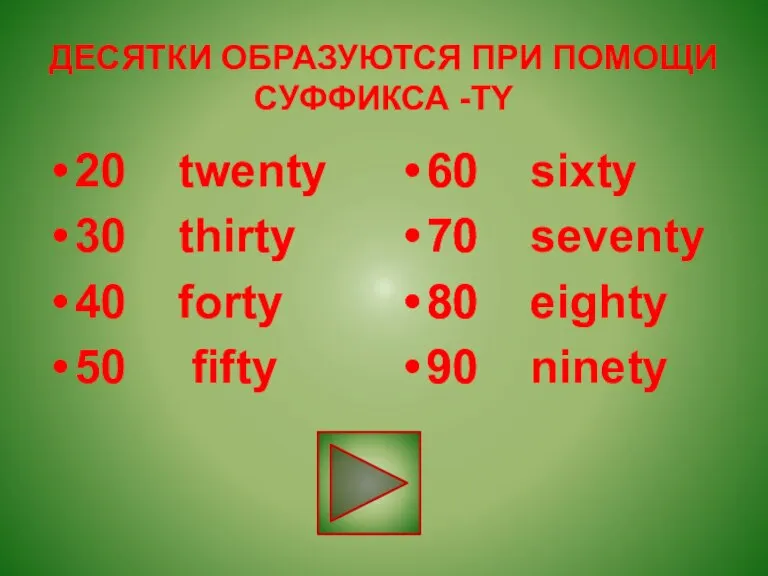 ДЕСЯТКИ ОБРАЗУЮТСЯ ПРИ ПОМОЩИ СУФФИКСА -TY 20 twenty 30 thirty 40 forty