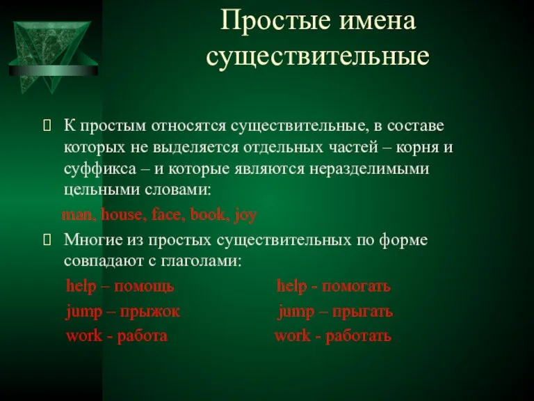 Простые имена существительные К простым относятся существительные, в составе которых не выделяется