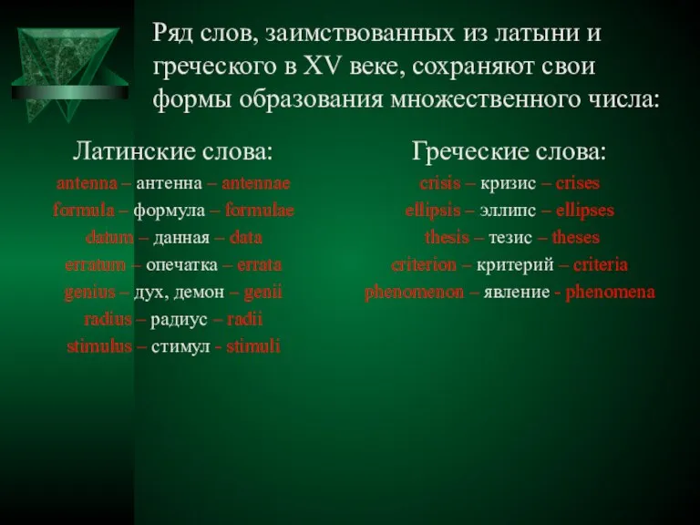 Ряд слов, заимствованных из латыни и греческого в XV веке, сохраняют свои