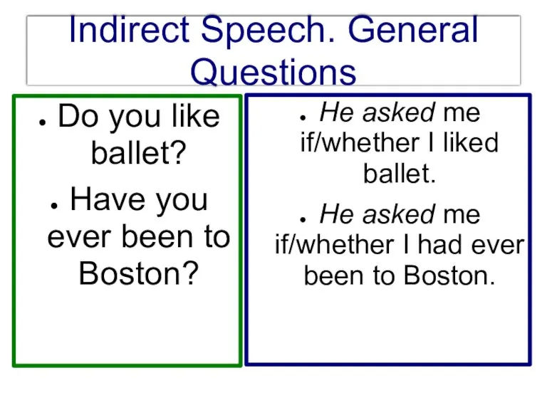 Indirect Speech. General Questions Do you like ballet? Have you ever been