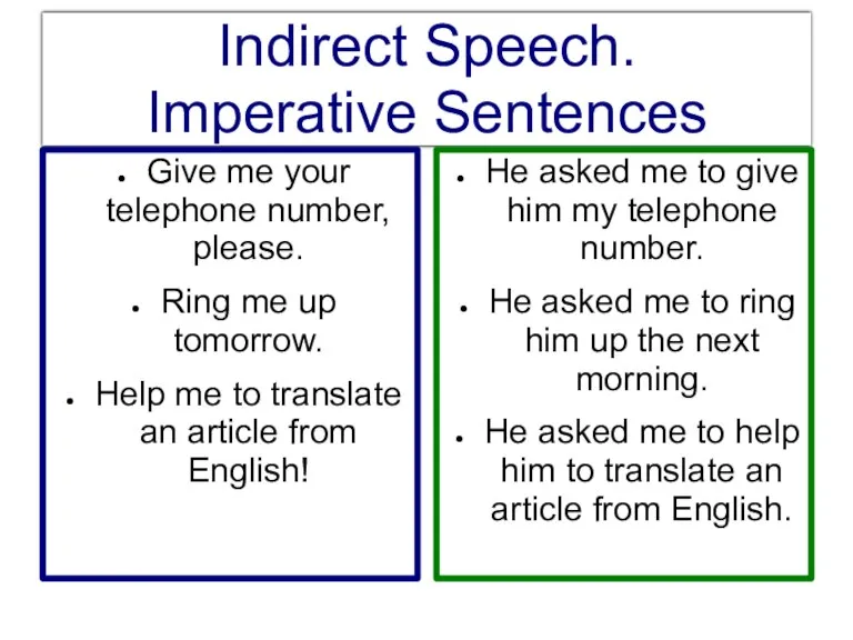 Indirect Speech. Imperative Sentences He asked me to give him my telephone