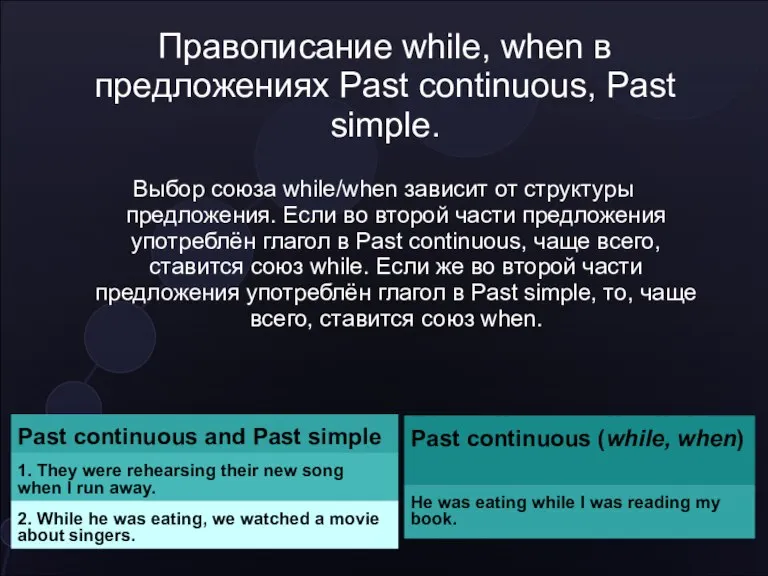 Правописание while, when в предложениях Past continuous, Past simple. Выбор союза while/when