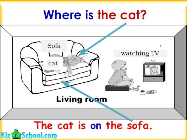 Where is the cat? The cat is on the sofa.