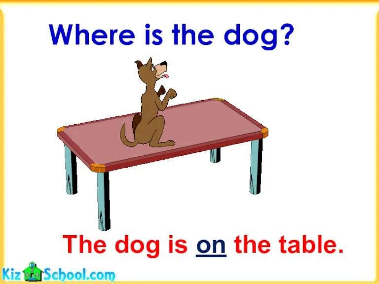 Where is the dog? The dog is on the table.