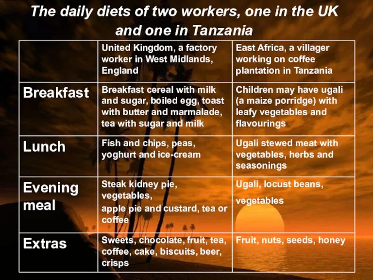 The daily diets of two workers, one in the UK and one in Tanzania