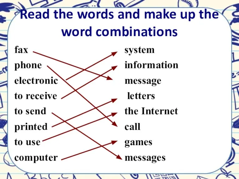 Read the words and make up the word combinations fax phone electronic