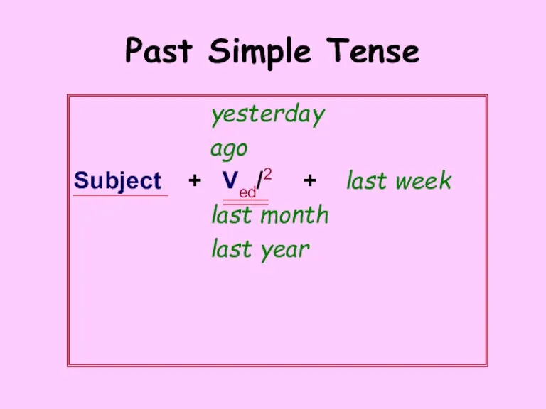 Past Simple Tense yesterday ago Subject + Ved/2 + last week last month last year