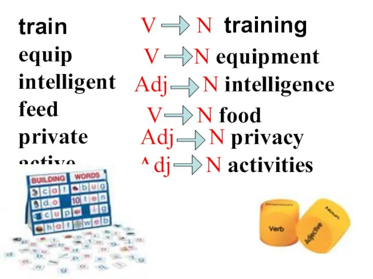 V N training V N equipment Adj N intelligence V N food