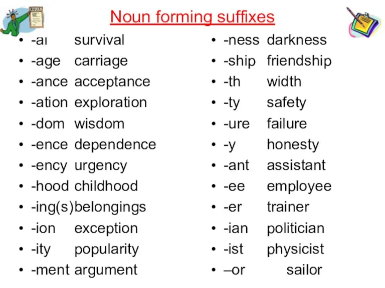 Noun forming suffixes -al survival -age carriage -ance acceptance -ation exploration -dom