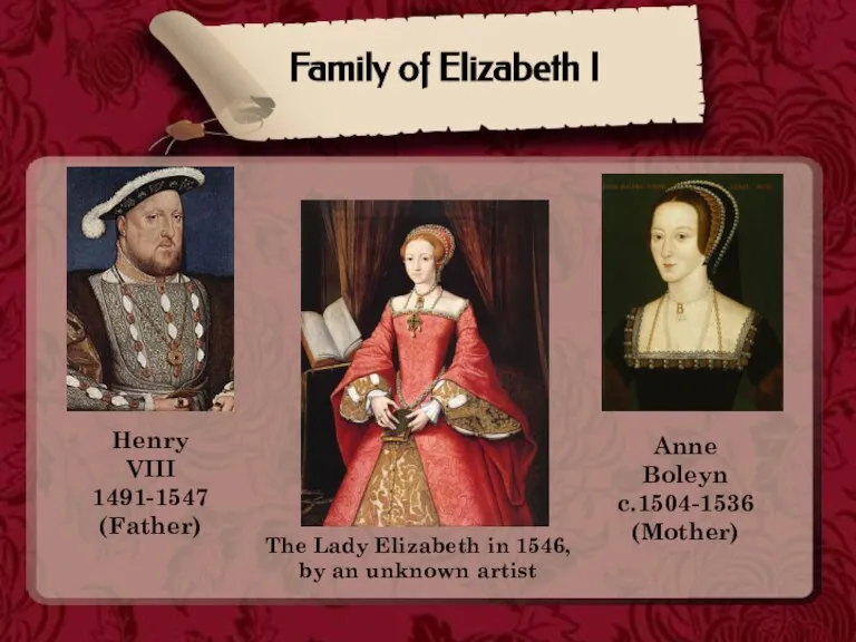 Family of Elizabeth I Henry VIII 1491-1547 (Father) Anne Boleyn c.1504-1536 (Mother)